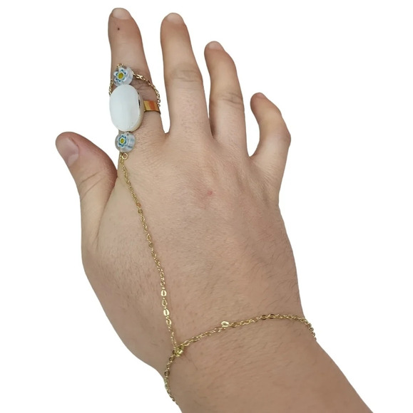 Mother of Pearl Real 18K Gold Plated Stainless Steel Cabochon Finger Ring - Picture 2 of 4